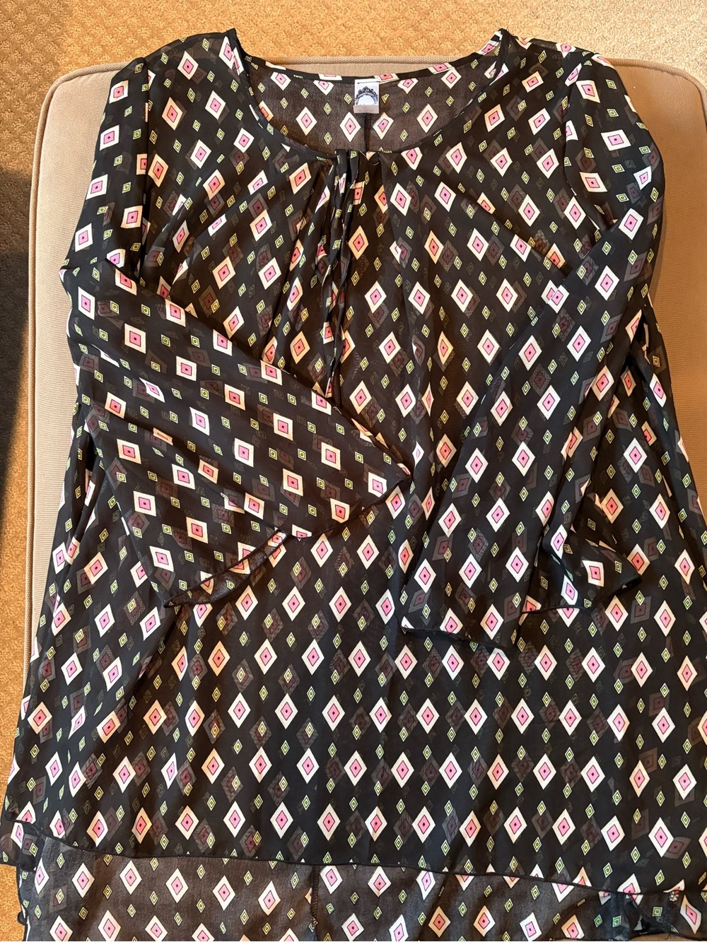 Honeyme Black Blouse with Pink and Lime Diamond Print